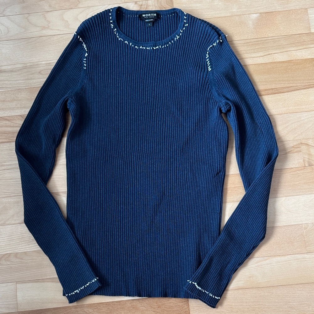 Worth New York Midnight Blue Ribbed Knit Top Size Large